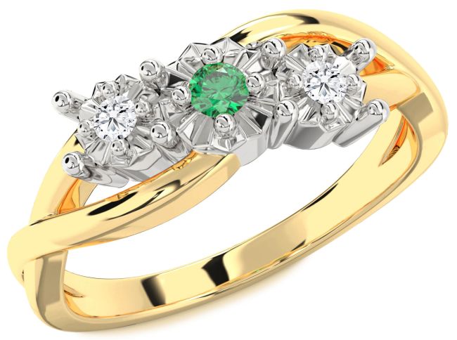 Diamond Emerald Gold Silver Round Three Stone Engagement Ring