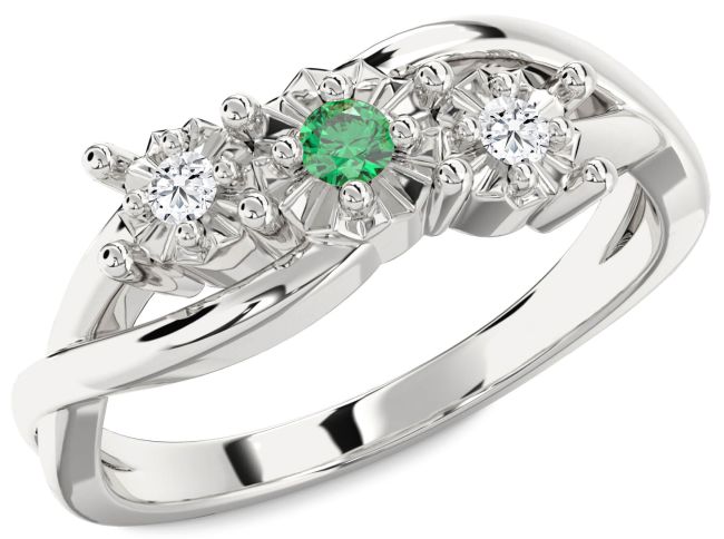 Diamond Emerald Silver Round Three Stone Engagement Ring