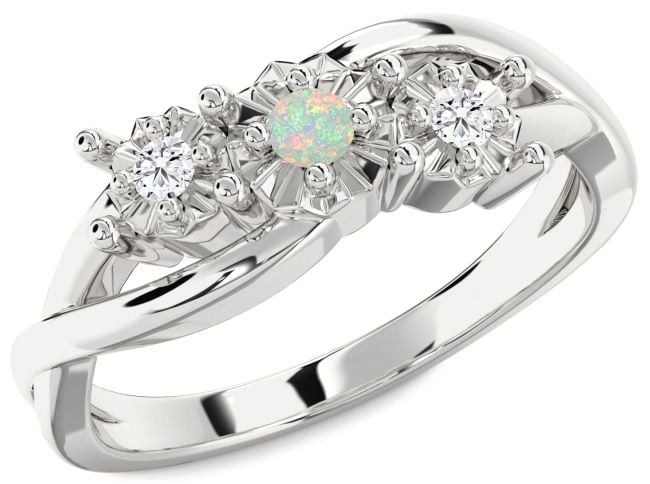 Diamond Opal Silver Round Three Stone Engagement Ring