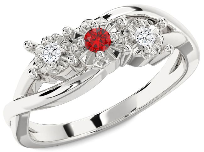 Diamond Ruby Silver Round Three Stone Engagement Ring
