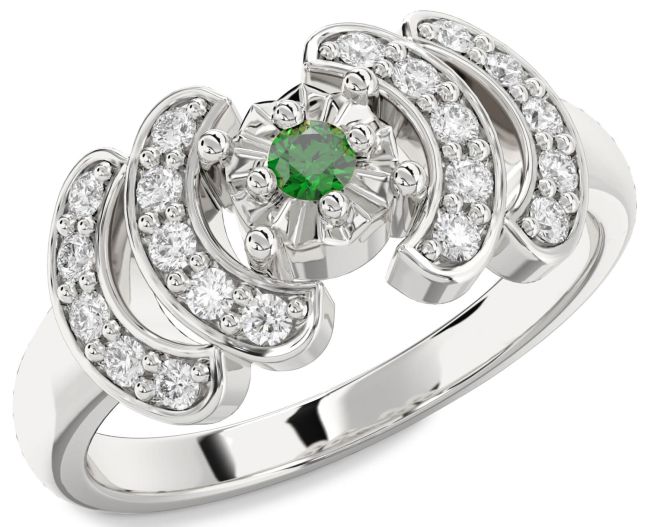 Diamond Emerald Silver Round Promise Ring