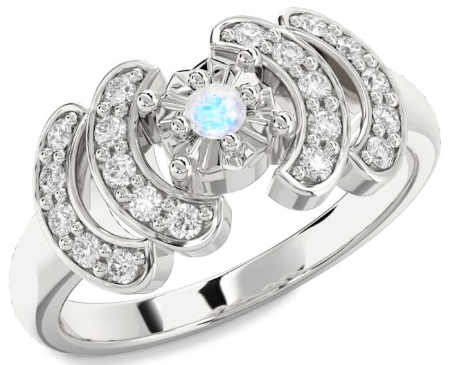 Diamond Moonstone Silver Round Promise Ring