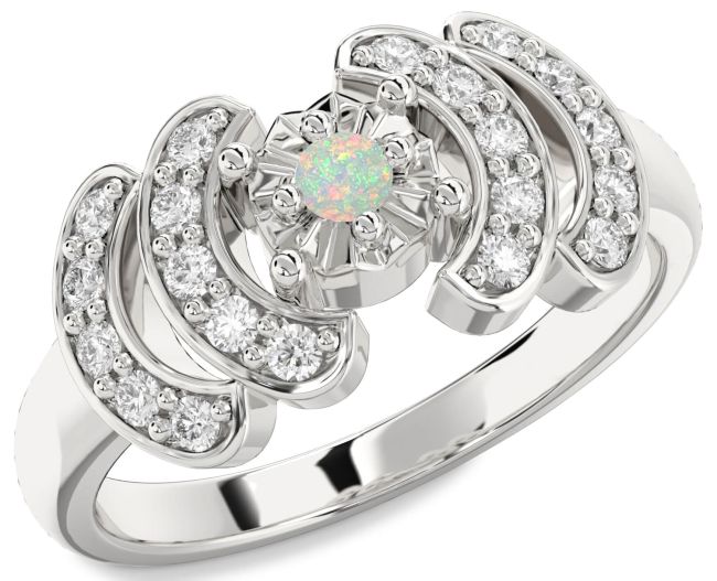 Diamond Opal Silver Round Promise Ring