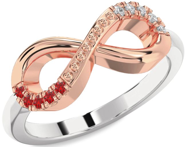 Diamond & Ruby Rose Gold Silver Infinity Round Promise Ring