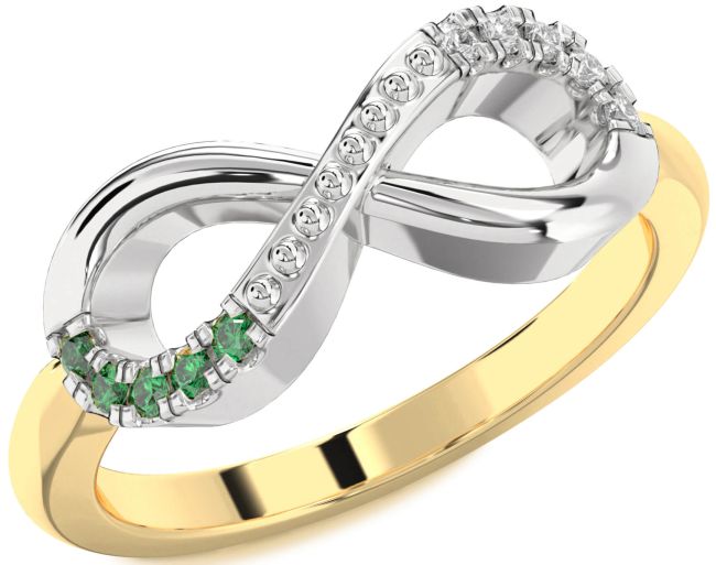 Diamond & Emerald Gold Silver Infinity Round Promise Ring