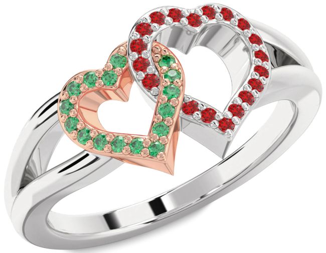Emerald & Ruby Rose Gold Silver Heart Promise Ring