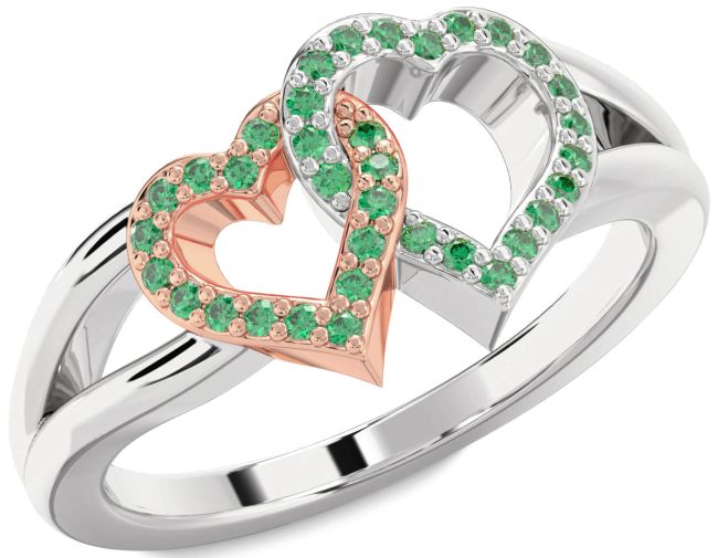 Emerald Rose Gold Silver Heart Ring