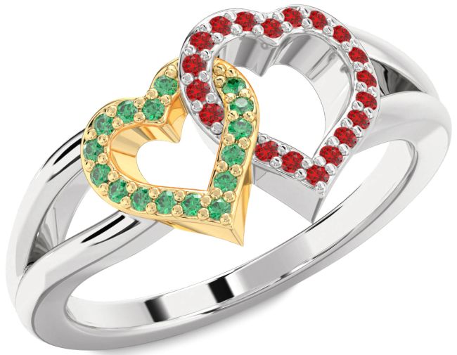 Emerald & Ruby Gold Silver Heart Promise Ring