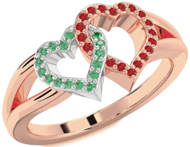 Emerald & Ruby Rose Gold Silver Heart Promise Ring