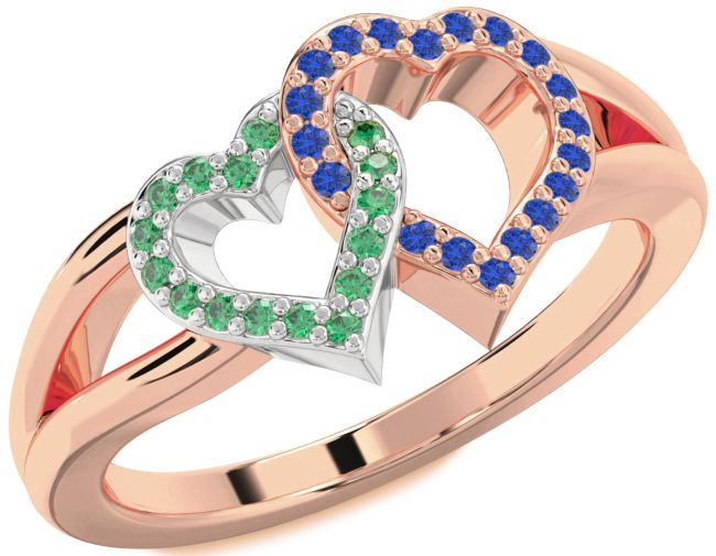 Emerald & Blue Sapphire Rose Gold Silver Heart Promise Ring