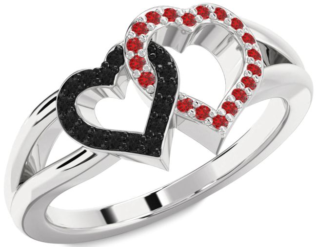 Black Diamond & Ruby Silver Heart Promise Ring