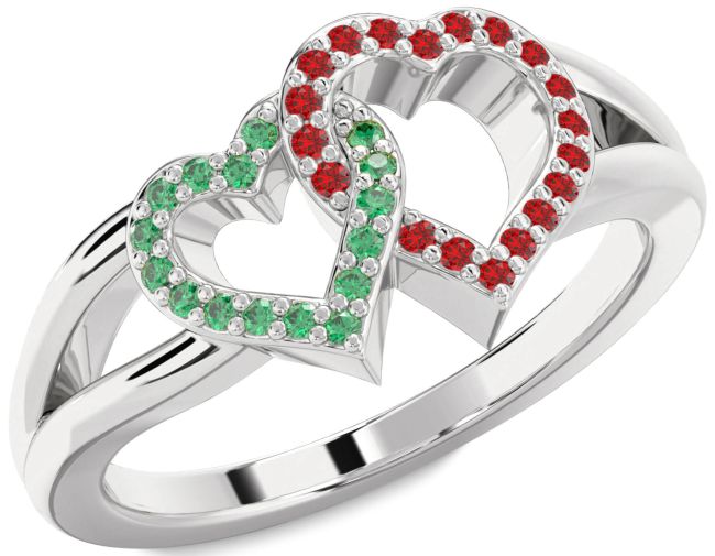 Emerald & Ruby Silver Heart Promise Ring