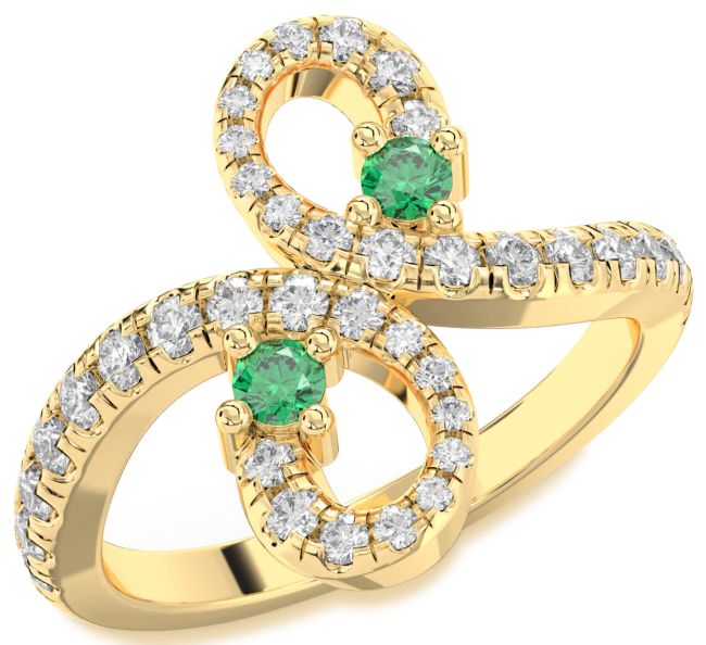 Diamond Emerald Gold Infinity Round Two Stone Pave Birthstone Ring