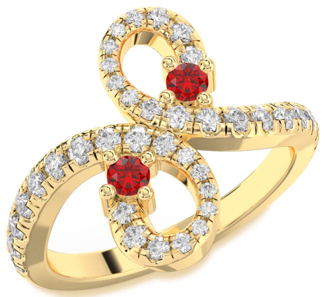 Diamond Ruby Gold Infinity Round Two Stone Pave Birthstone Ring