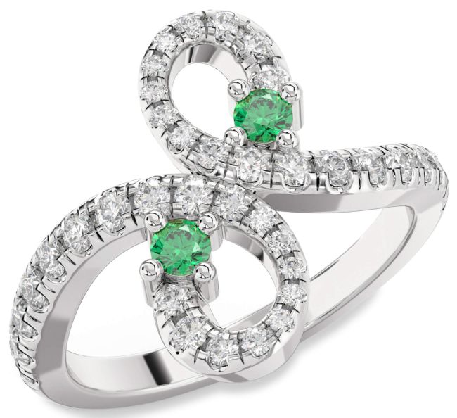 Diamond Emerald Silver Infinity Round Two Stone Pave Birthstone Ring