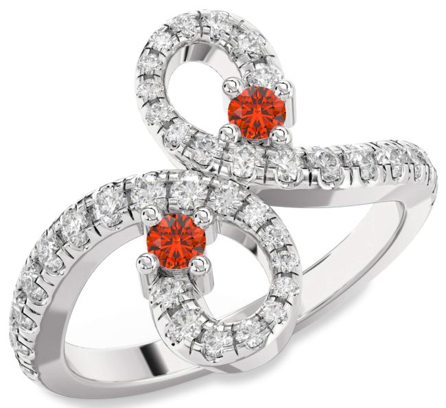 Diamond Fire Opal Silver Infinity Round Two Stone Pave Ring