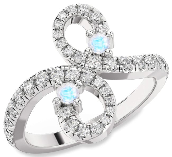 Diamond Moonstone Silver Infinity Round Two Stone Pave Ring