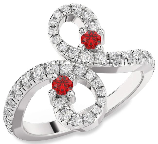 Diamond Ruby Silver Infinity Round Two Stone Pave Birthstone Ring