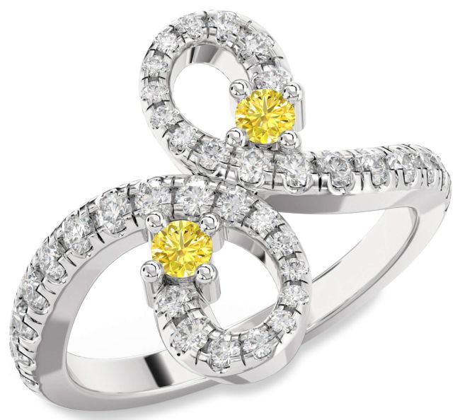 Yellow Diamond Silver Infinity Round Two Stone Pave Ring