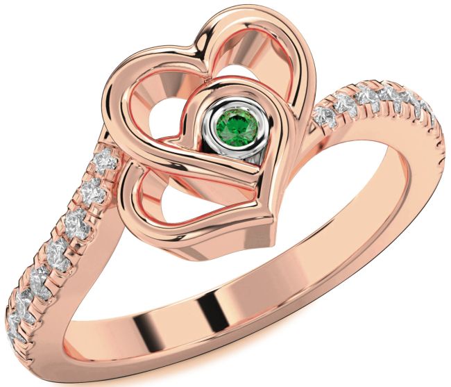 Diamond Emerald Rose Gold Silver Heart Ring