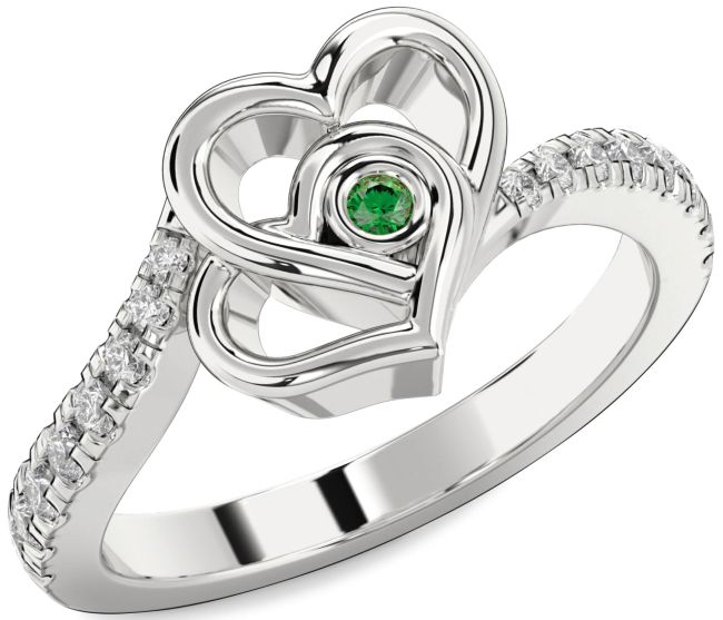 Diamond Emerald Silver Heart Ring