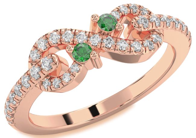Diamond Emerald Rose Gold Infinity Round Two Stone Birthstone Ring