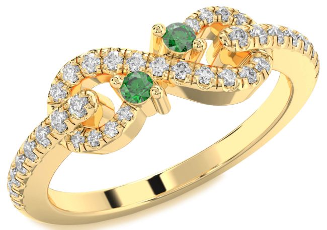 Diamond Emerald Gold Infinity Round Two Stone Birthstone Ring