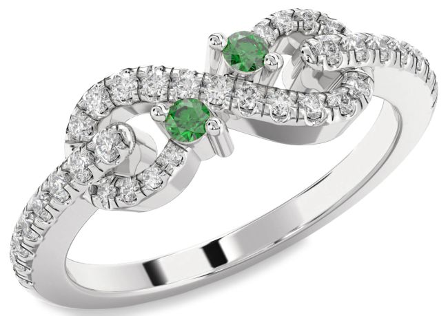 Diamond Emerald Silver Infinity Round Two Stone Birthstone Ring