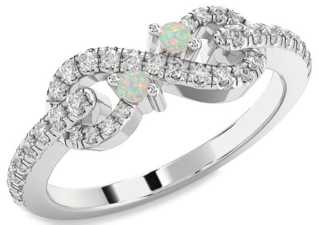 Diamond Opal Silver Infinity Round Two Stone Birthstone Ring