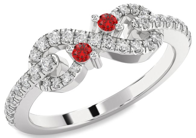 Diamond Ruby Silver Infinity Round Two Stone Birthstone Ring