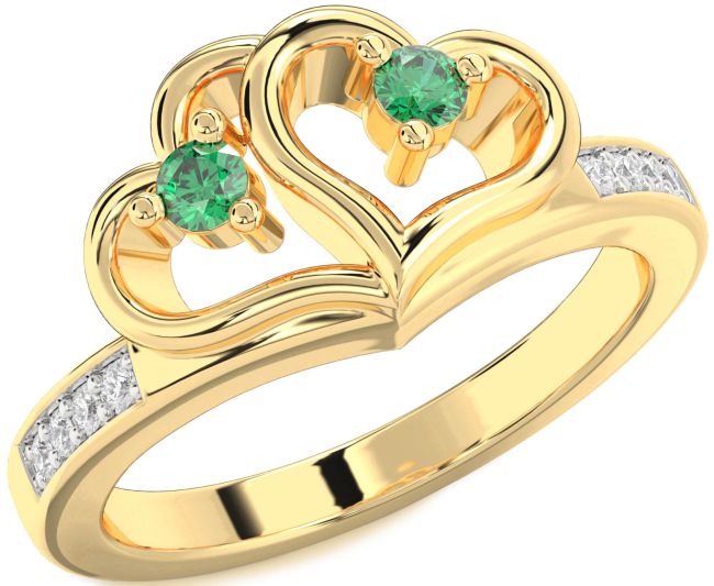 Diamond Emerald Gold Heart Two Stone Birthstone Ring