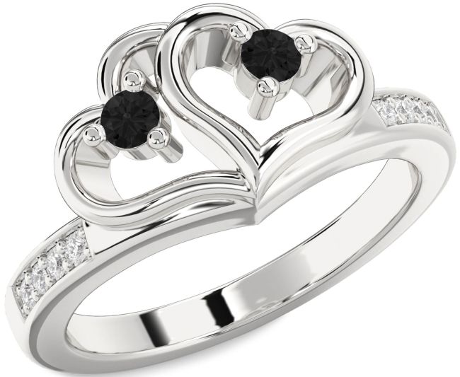 Black Diamond Platinum Heart Two Stone Ring