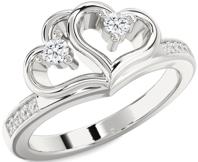 Moissanite Silver Heart Two Stone Ring