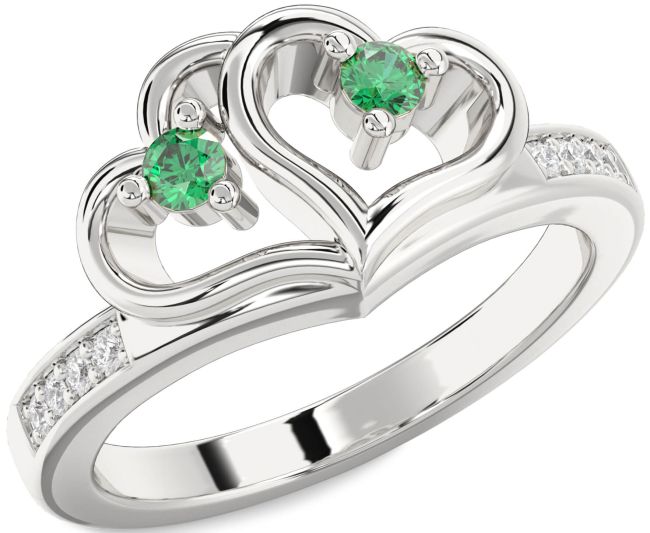Diamond Emerald Silver Heart Two Stone Birthstone Ring