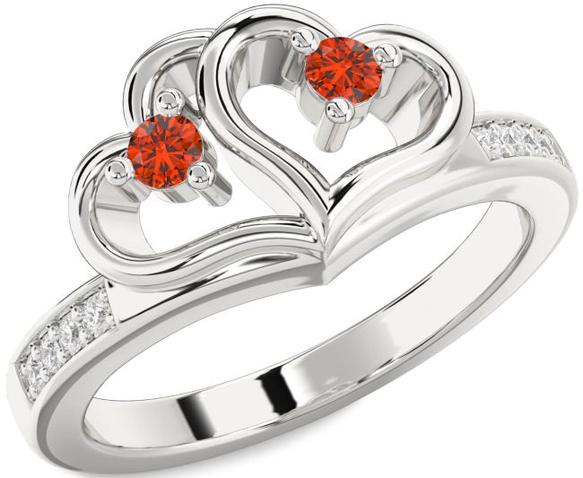 Diamond Fire Opal Silver Heart Two Stone Ring