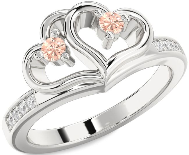 Diamond Morganite Silver Heart Two Stone Ring
