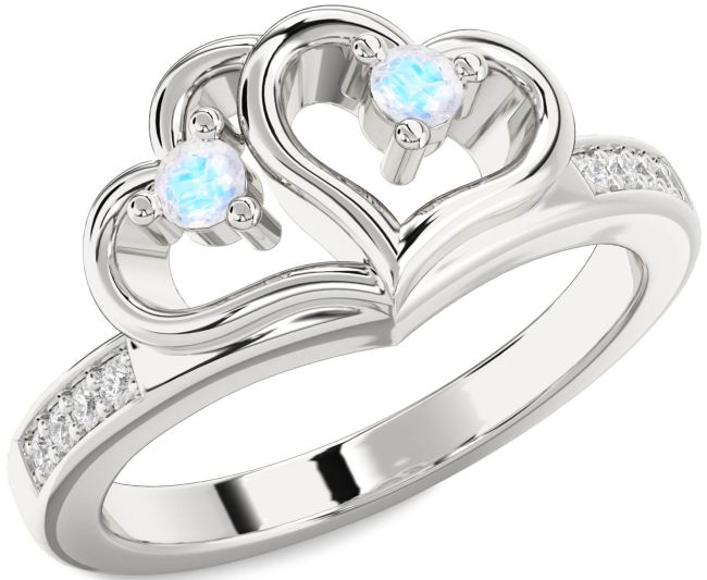 Diamond Moonstone Silver Heart Two Stone Ring