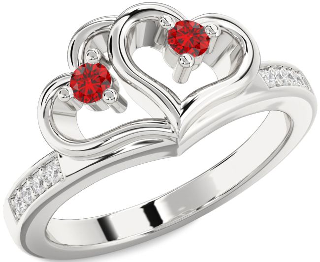 Diamond Ruby Silver Heart Two Stone Birthstone Ring