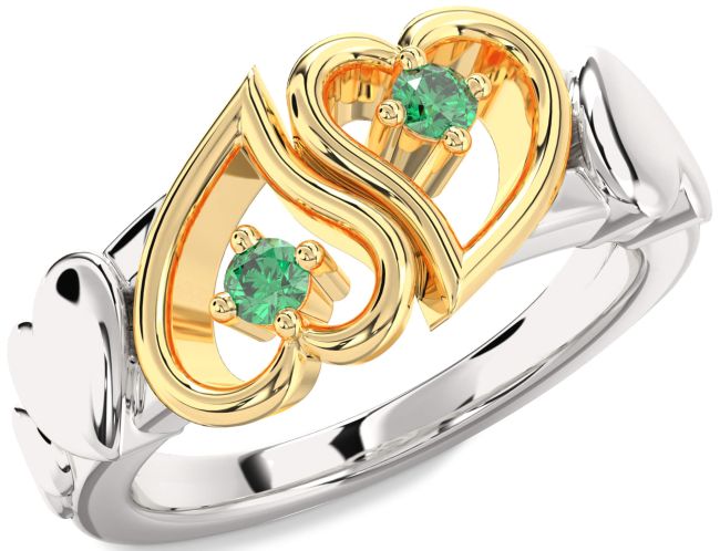 Emerald Gold Silver Heart Two Stone Birthstone Ring