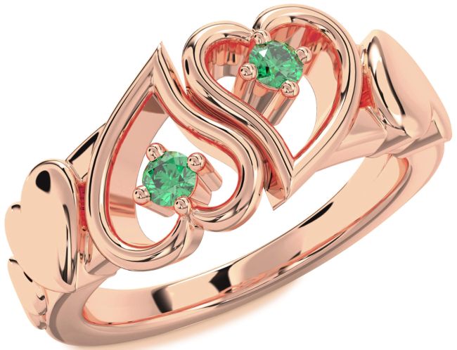 Emerald Rose Gold Heart Two Stone Birthstone Ring