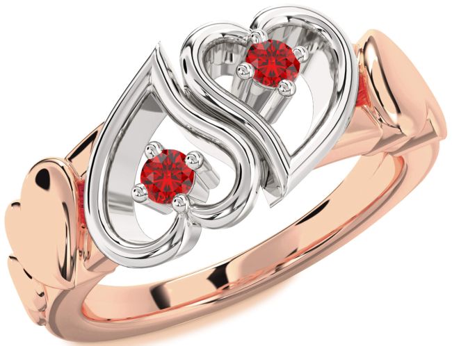 Ruby Rose Gold Silver Heart Two Stone Birthstone Ring