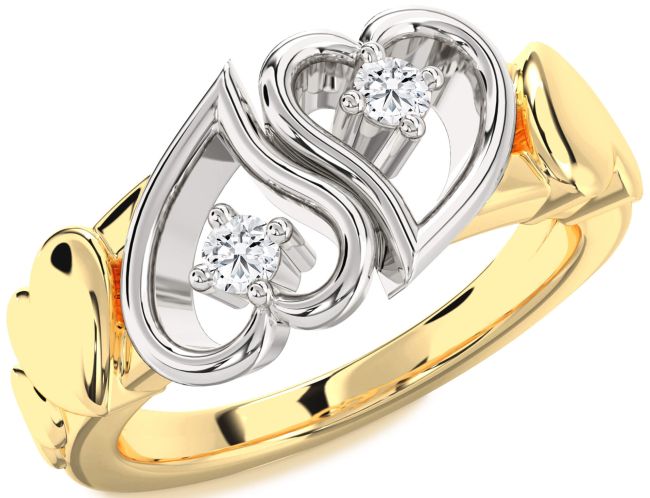Diamond Gold Silver Heart Two Stone Ring