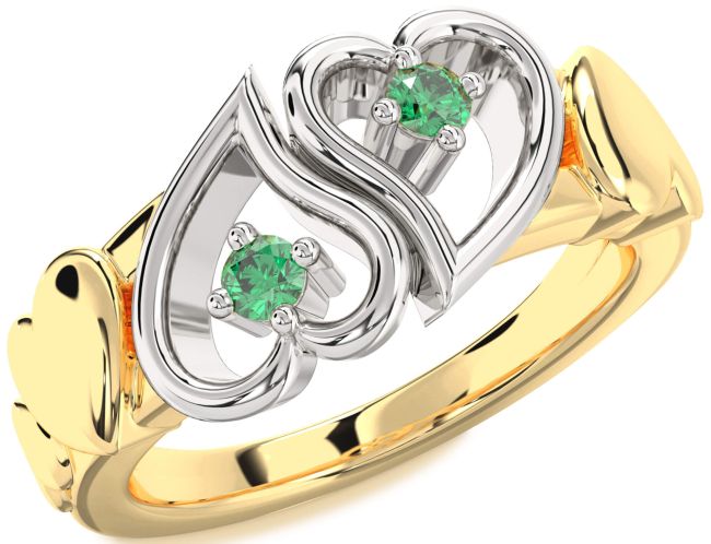 Emerald Gold Silver Heart Two Stone Birthstone Ring