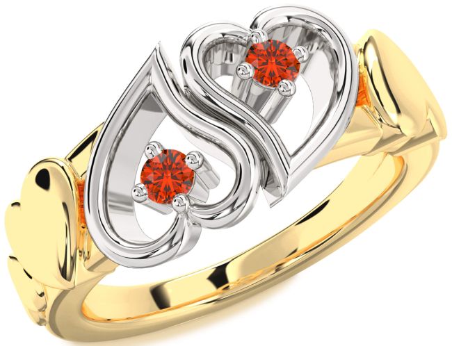 Fire Opal Gold Silver Heart Two Stone Ring