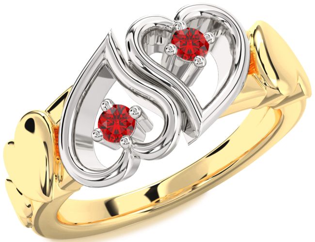 Ruby Gold Silver Heart Two Stone Birthstone Ring