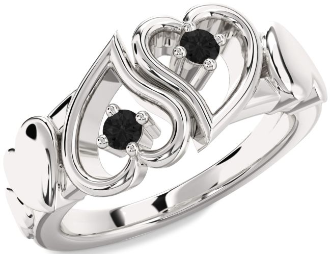 Black Diamond Platinum Heart Two Stone Ring
