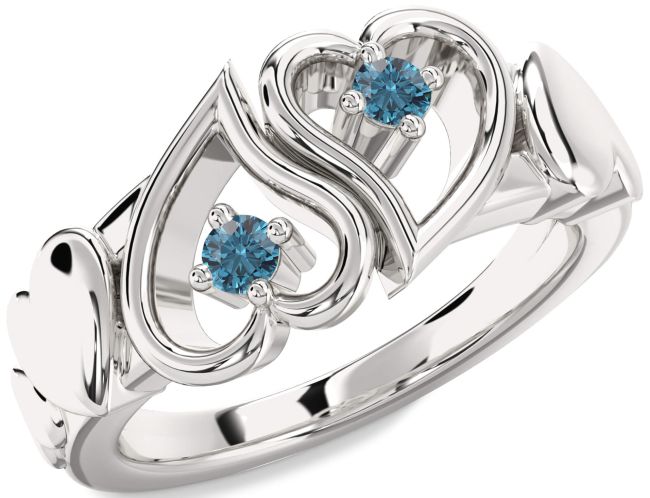 Blue Diamond Platinum Heart Two Stone Ring