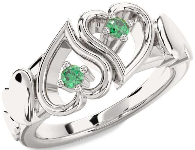 Emerald Silver Heart Two Stone Birthstone Ring