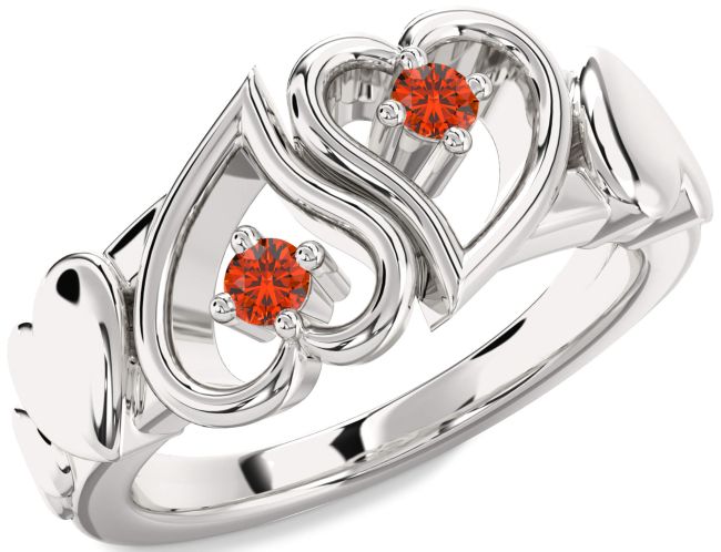 Fire Opal Platinum Heart Two Stone Ring