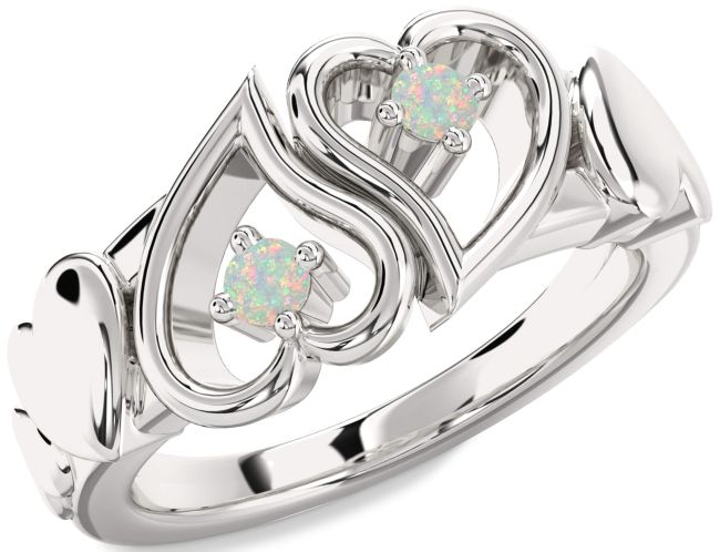 Opal Silver Heart Two Stone Birthstone Ring